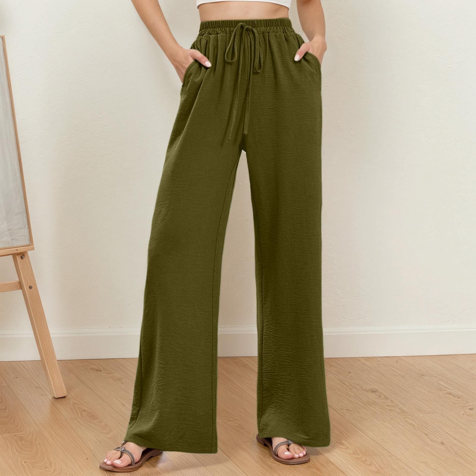 thumbnail image 2 of Pantalones palazzo de cintura alta y pierna ancha para mujer: ligeros, con cordón en la cintura, bolsillos, pantalones casuales de verano., 2 of 5